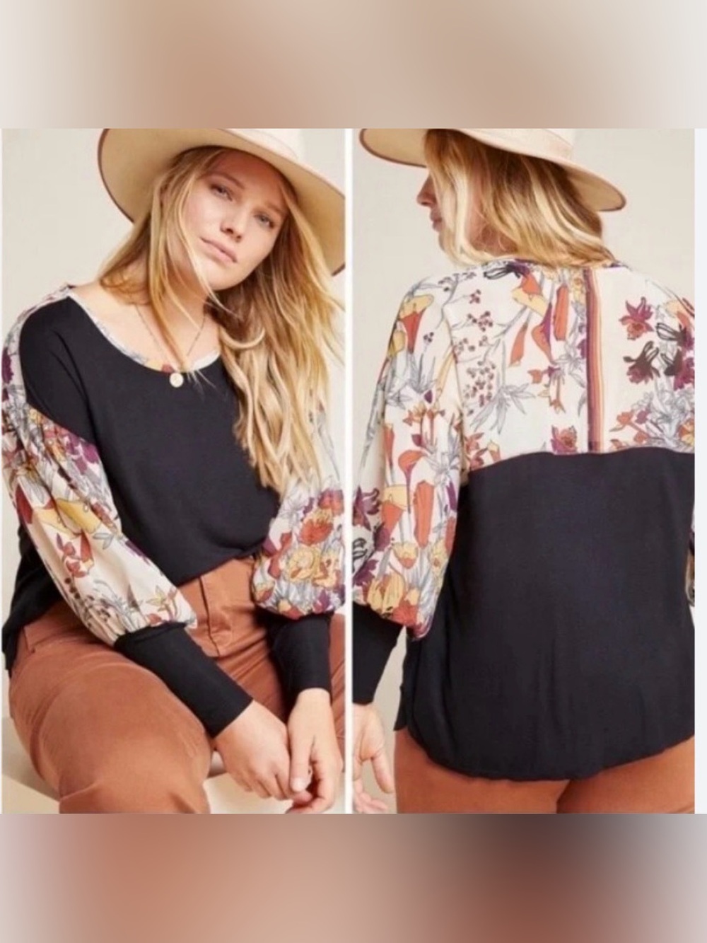 Tiny from Anthropologie Black Floral-Accent Balloon Sleeve Blouse